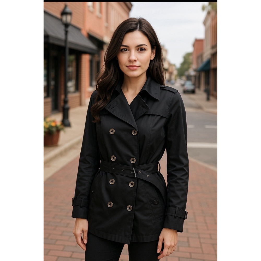 VTG Worthington Pea Coat Women Sz S‎ Double Breasted Jacket Classic Black Belted